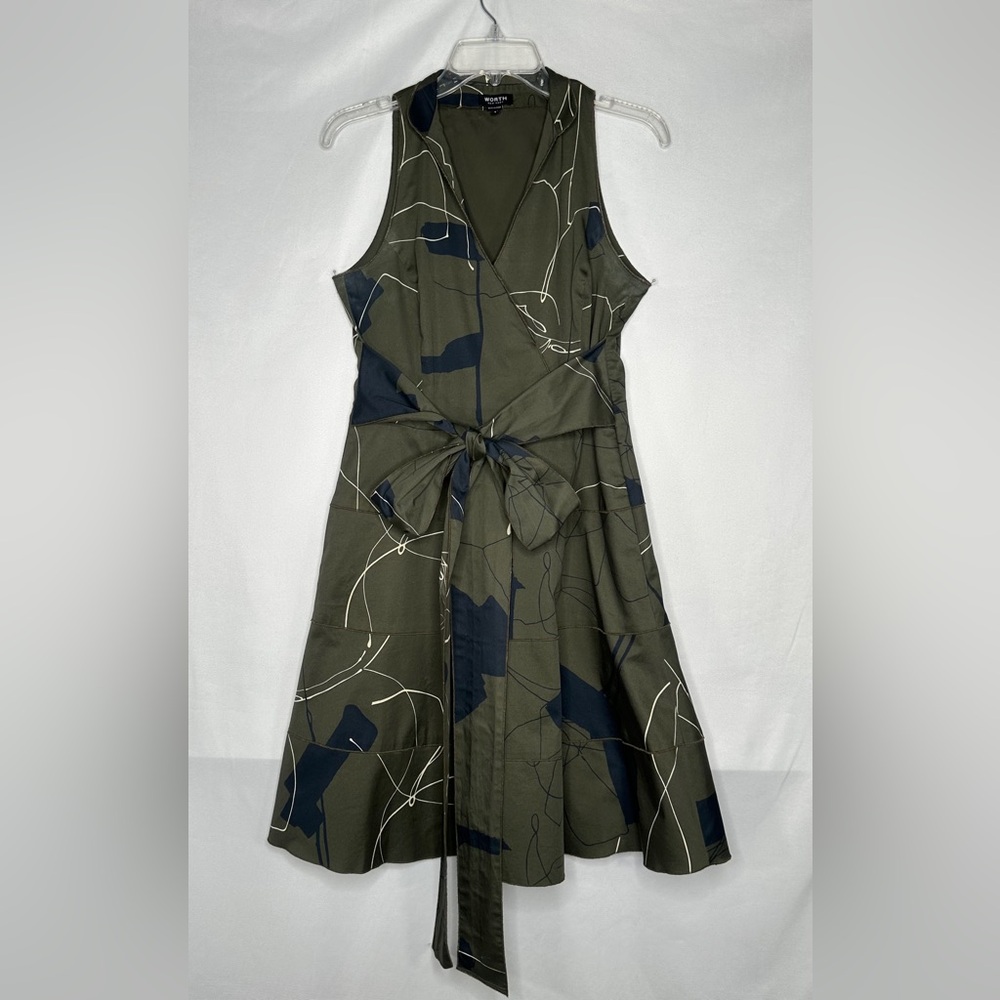Worth New York Wicker Dress White Olive Green Navy Modern Graphic Sz 4